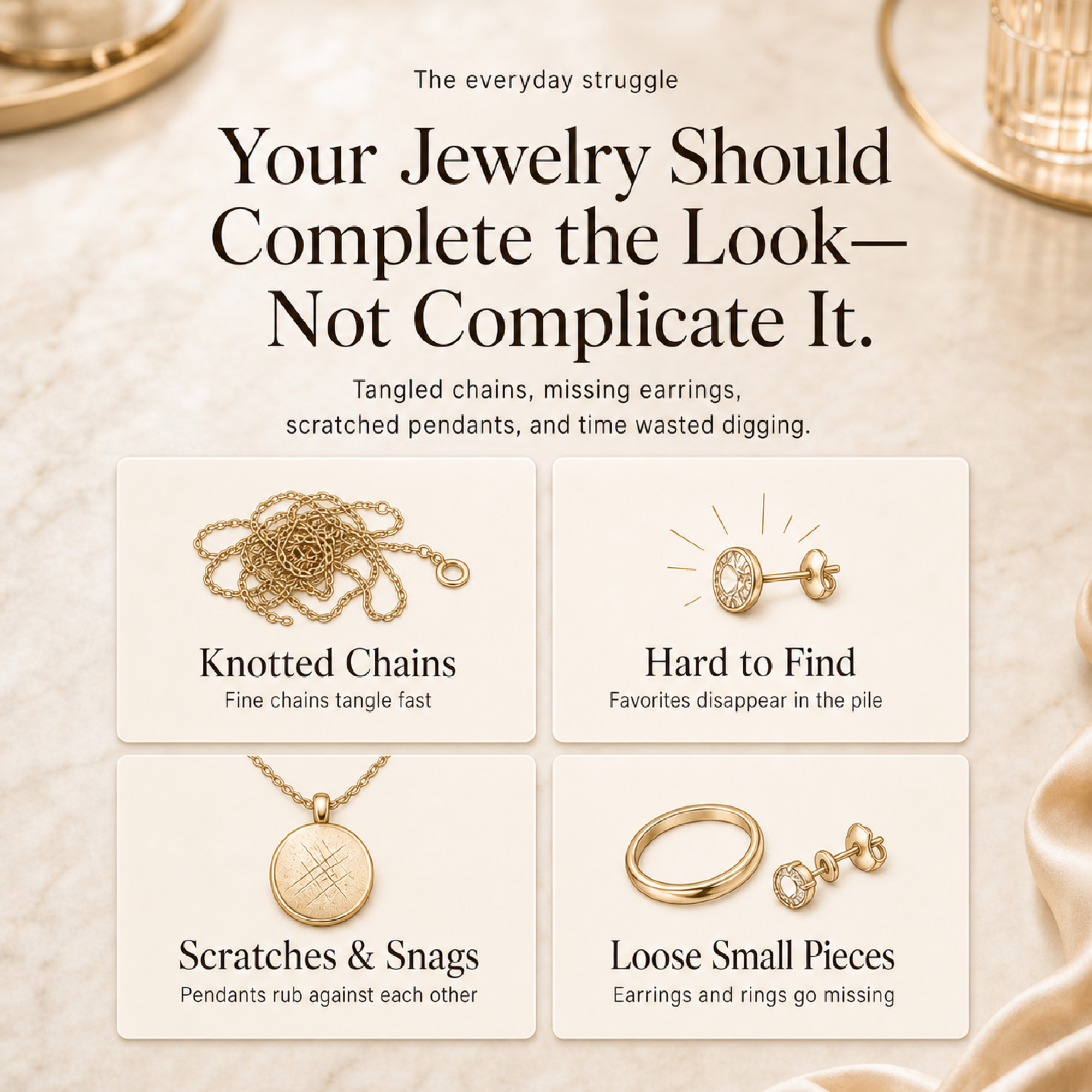 Editorial illustration of common jewelry organization problems