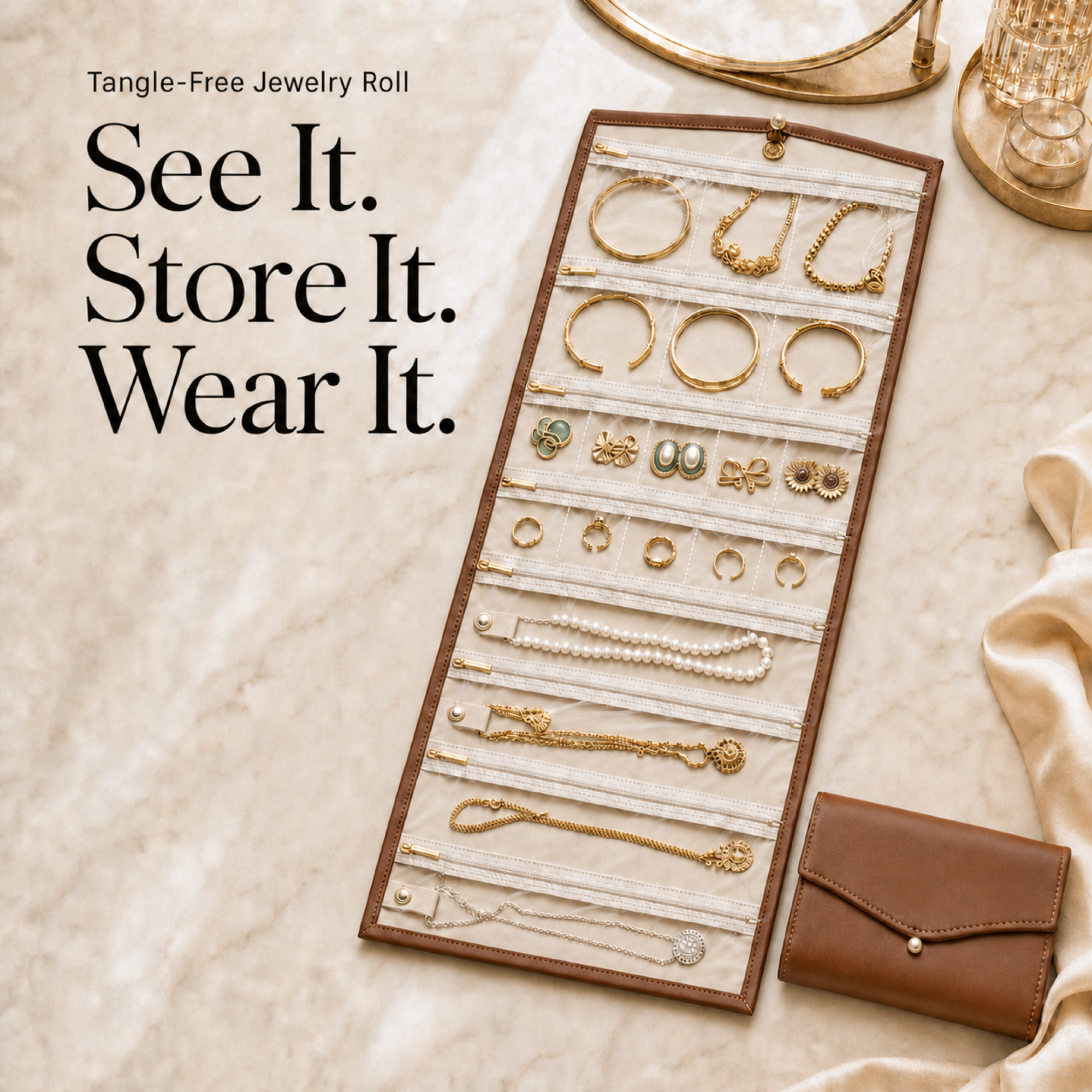Tangle-Free Jewelry Roll open with separate jewelry compartments