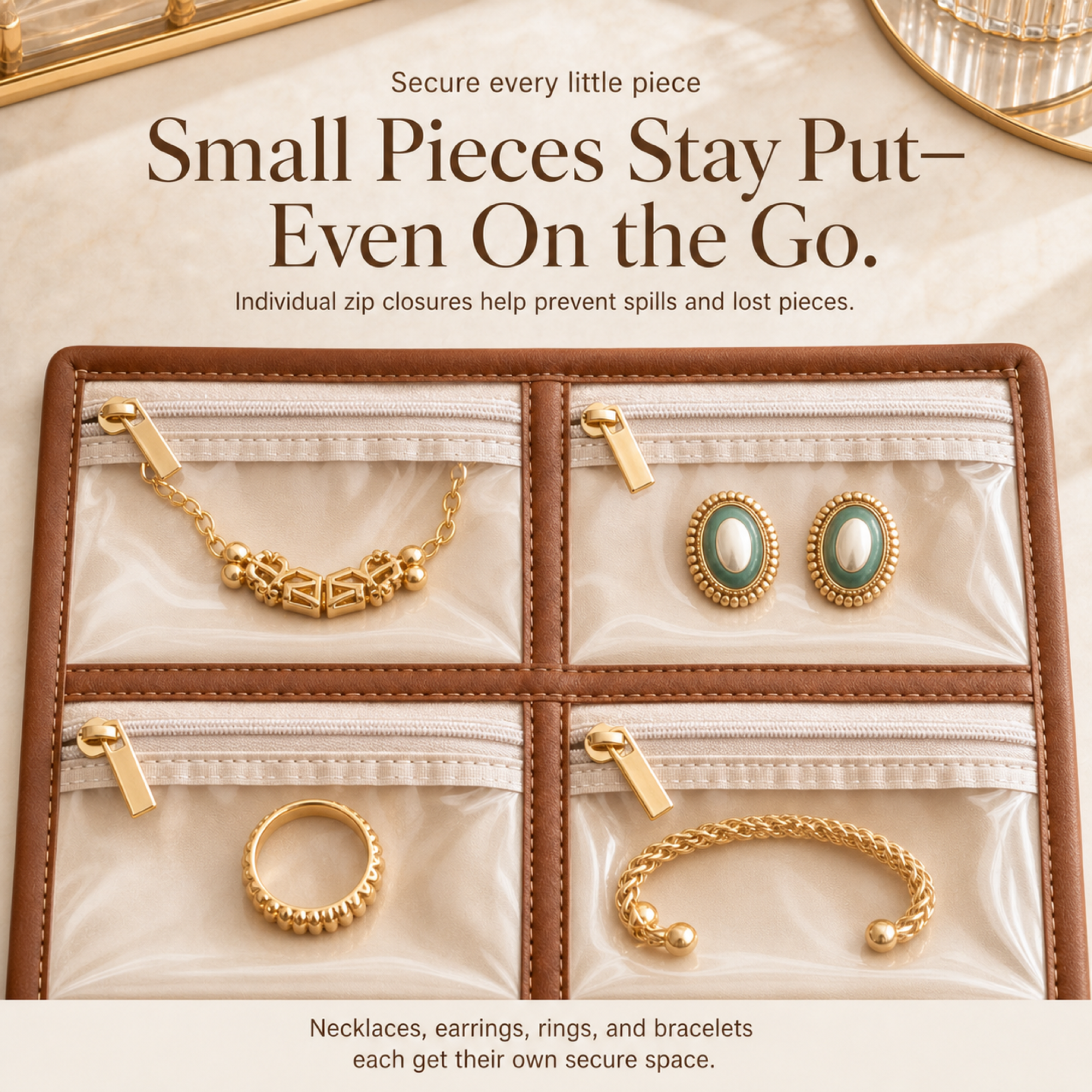 Close-up of zippered clear pockets holding jewelry