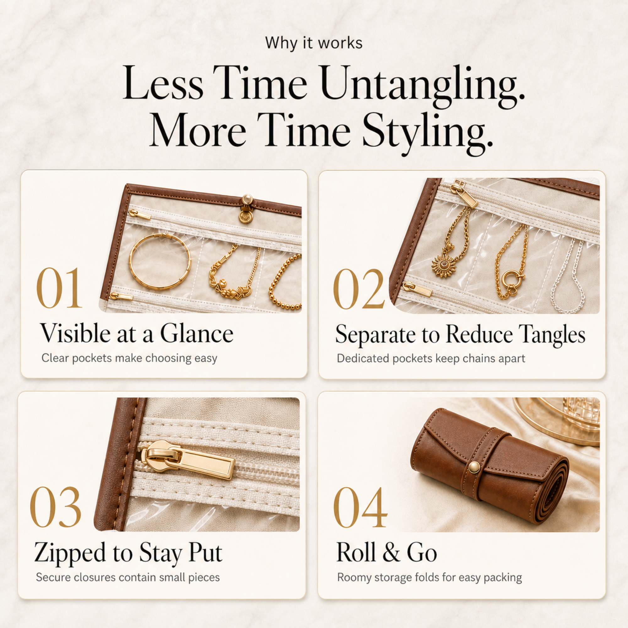 Four feature details of the Tangle-Free Jewelry Roll
